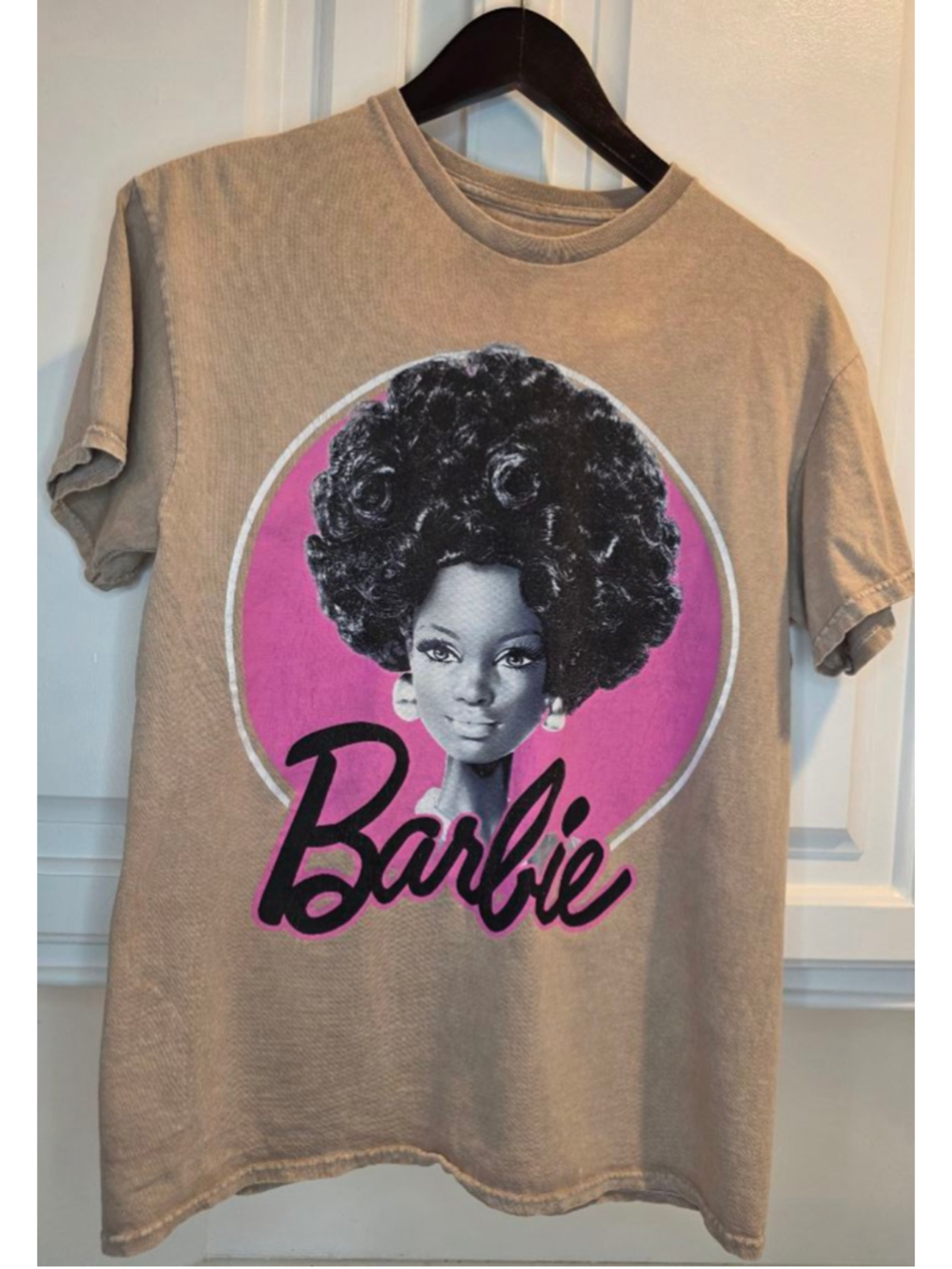 Barbie Afro Graphic Tee Beige Y2K Retro Barbiecore T Shirt Size M - Picture 2 of 9